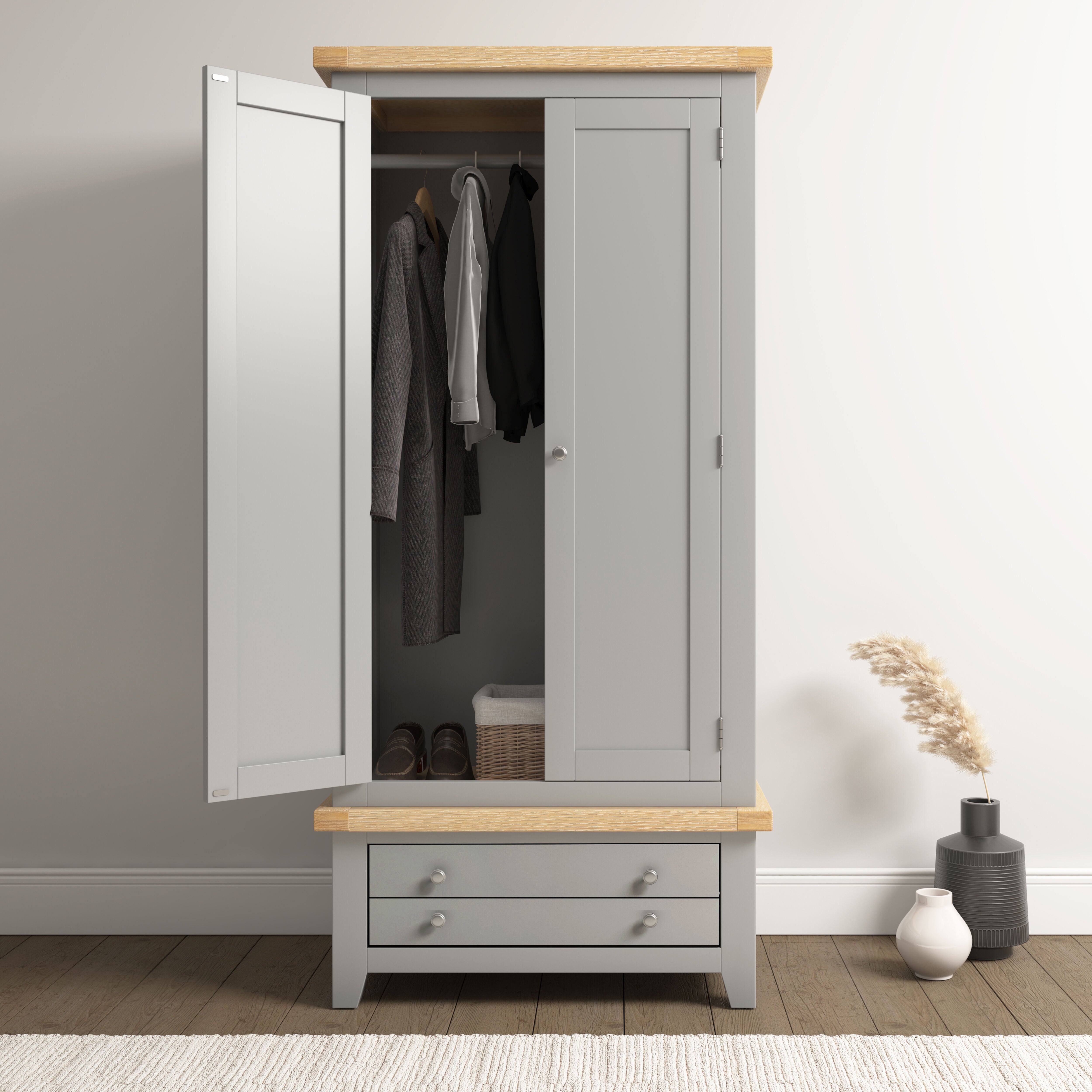 Windsor 2 Door 1 Drawer Wardrobe - Pebble Grey/Oak