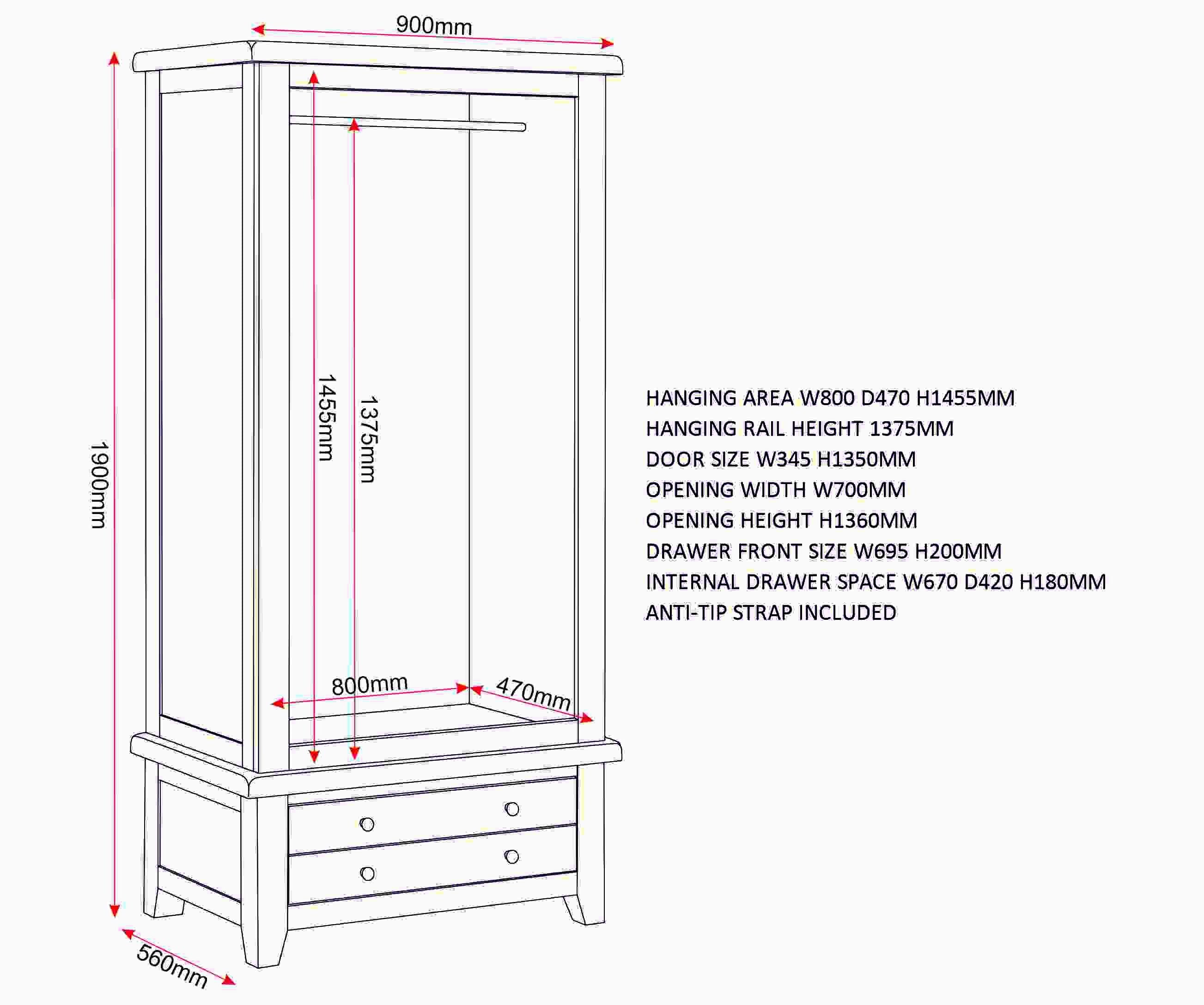 Windsor 2 Door 1 Drawer Wardrobe - Ivory/Oak