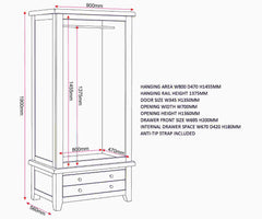 Windsor 2 Door 1 Drawer Wardrobe - Ivory/Oak