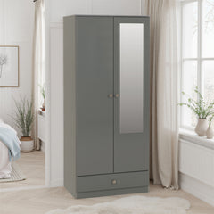 Denver 2 Door 1 Drawer Mirrored Wardrobe - Grey Gloss