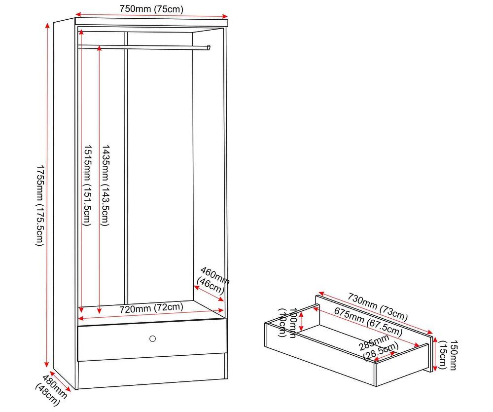 Denver 2 Door 1 Drawer Mirrored Wardrobe - White Gloss
