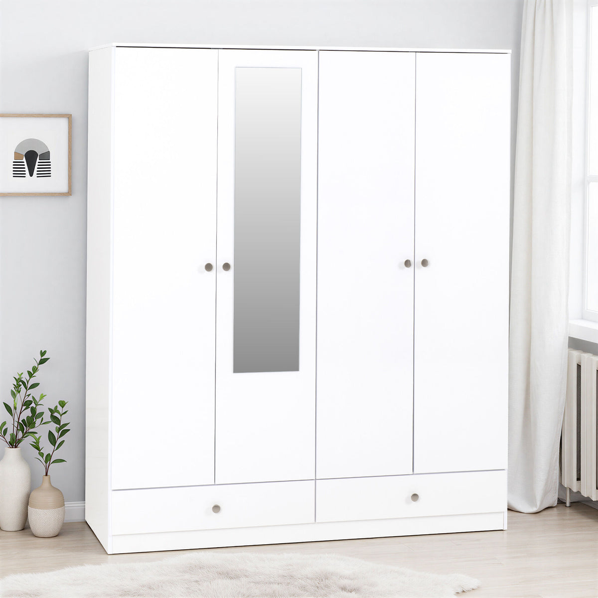 Denver 4 Door 2 Drawer Mirrored Wardrobe - White Gloss