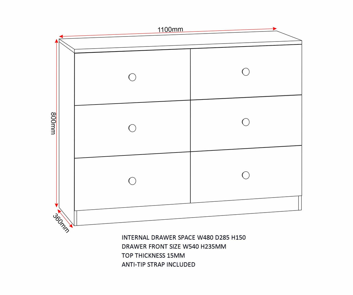 Denver 6 Drawer Chest - White Gloss