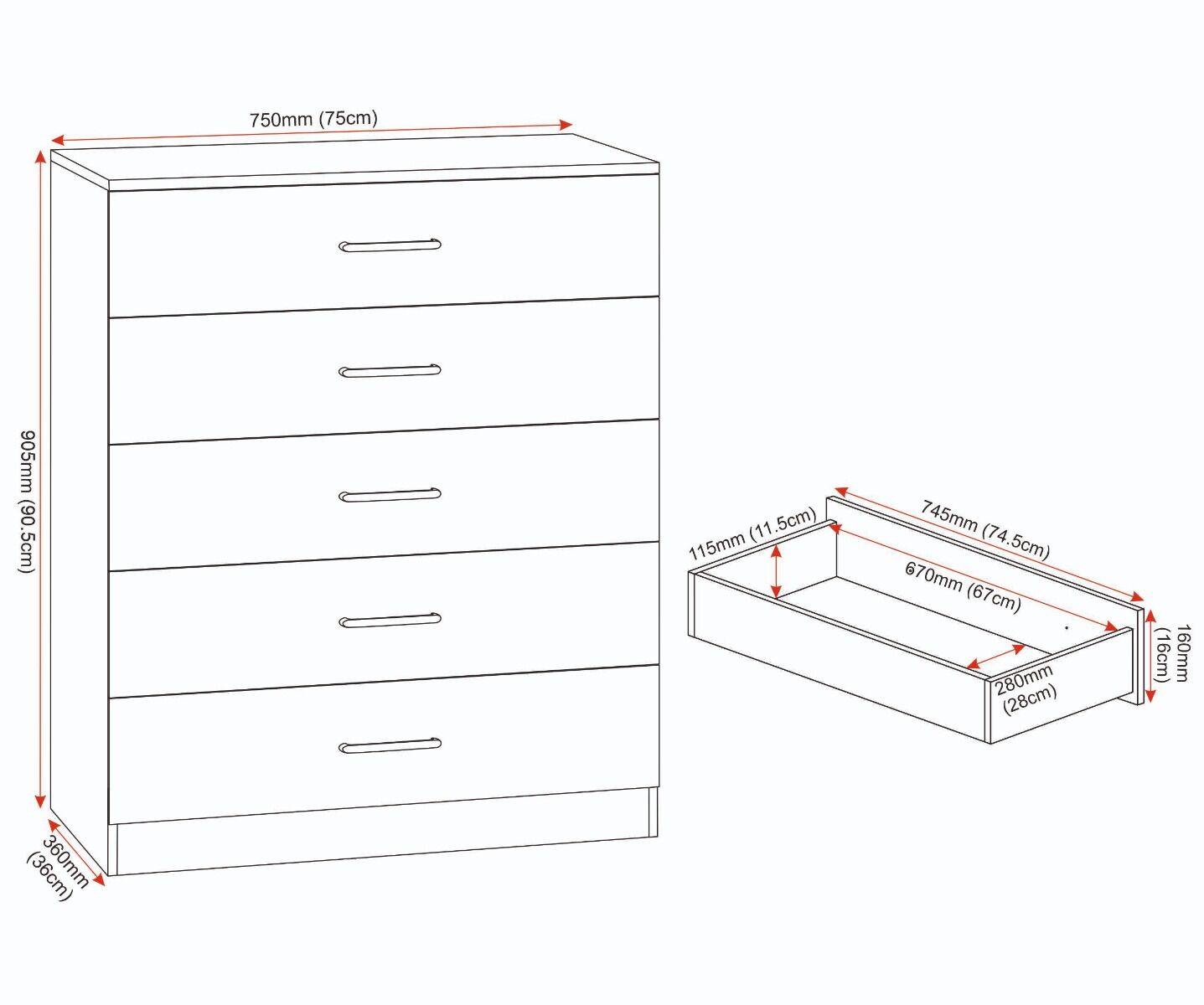 Dakota 5 Drawer Chest - White