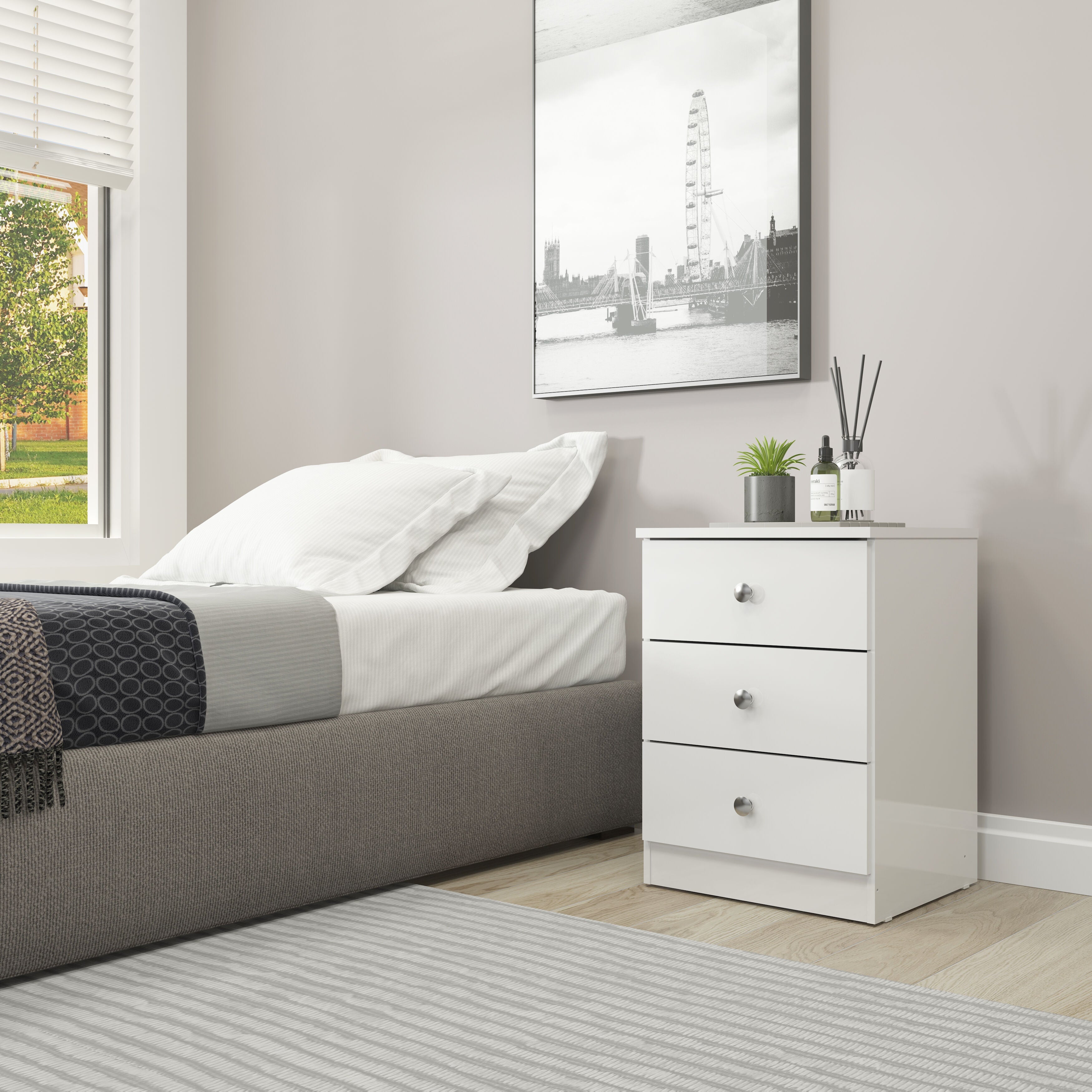 Denver 3 Drawer Bedside - White Gloss