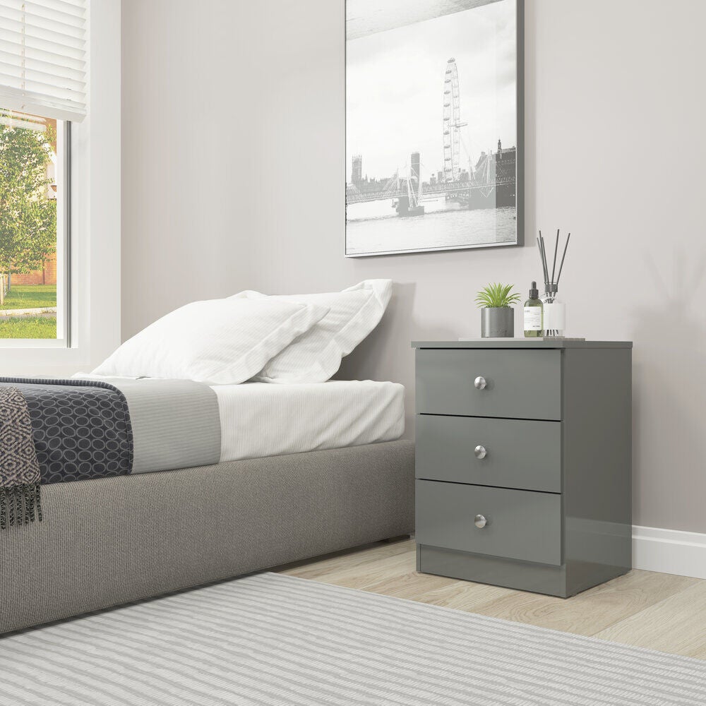 Denver 3 Drawer Bedside - Grey Gloss