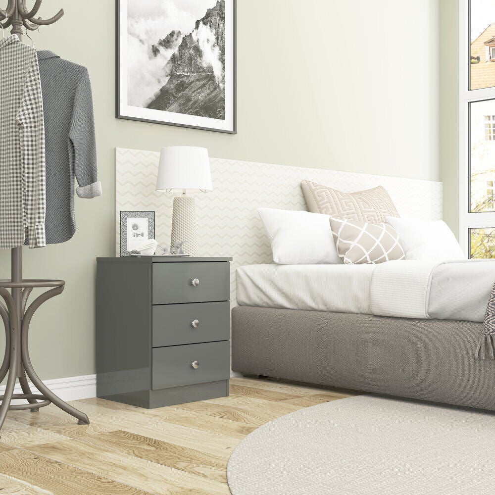 Denver 3 Drawer Bedside - Grey Gloss
