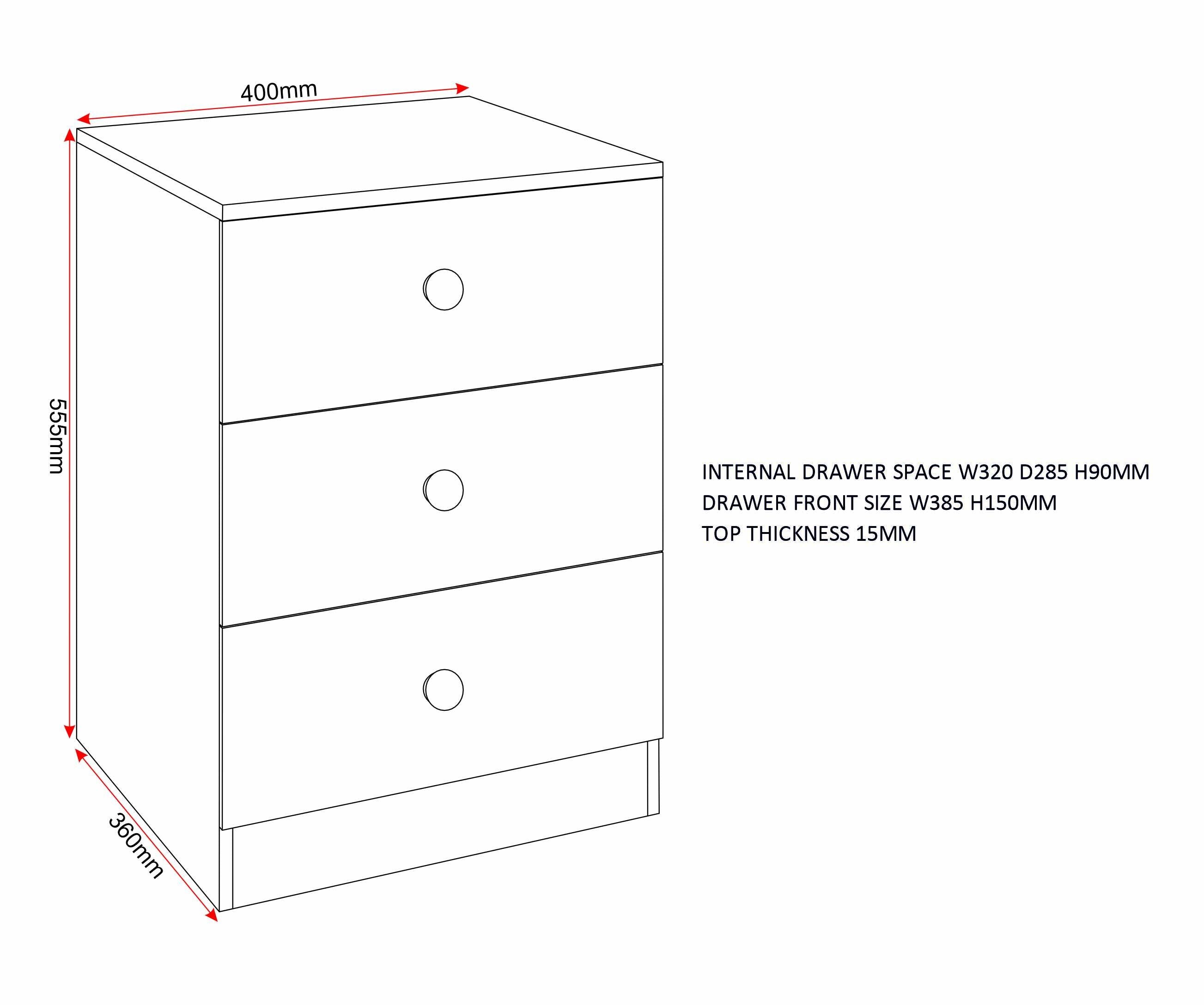 Denver 3 Drawer Bedside - Grey Gloss