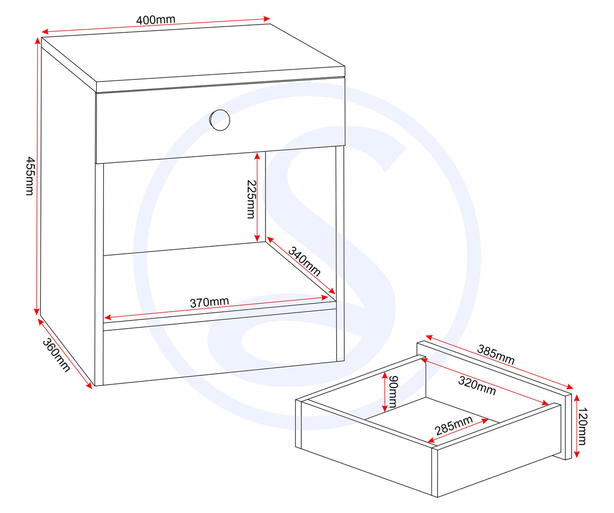Denver 1 Drawer Bedside - Grey Gloss