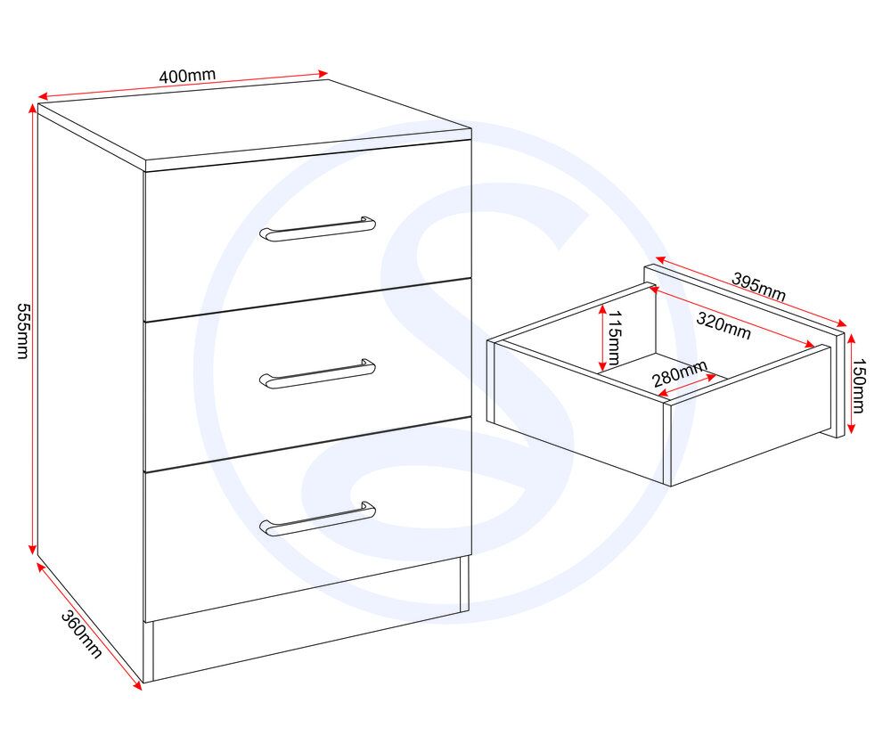 Dakota 3 Drawer Bedside - Light Grey