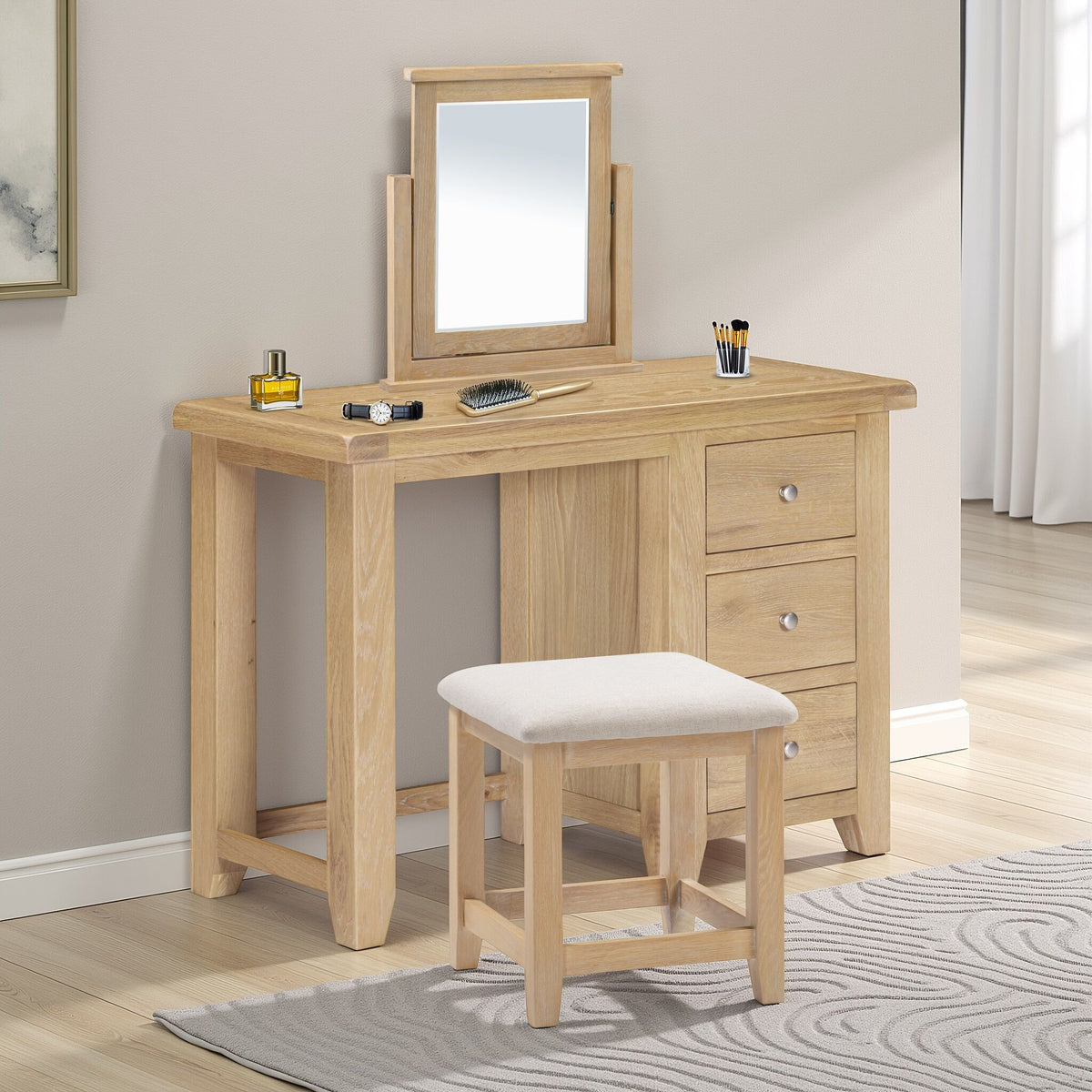 Windsor 3 Drawer Dressing Table Set - Natural Oak/Oat Fabric