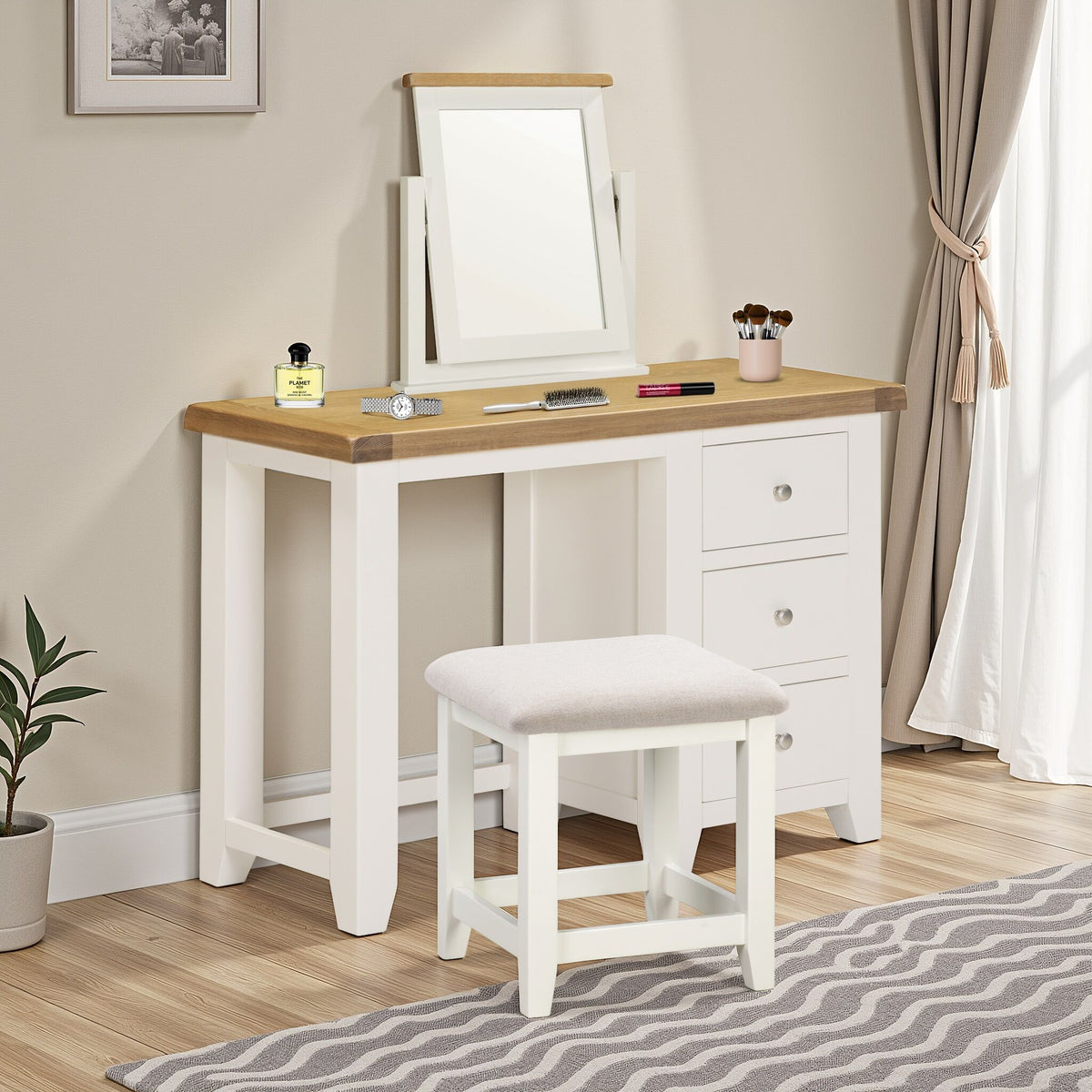 Windsor 3 Drawer Dressing Table Set - Ivory/Oak/Oat Fabric