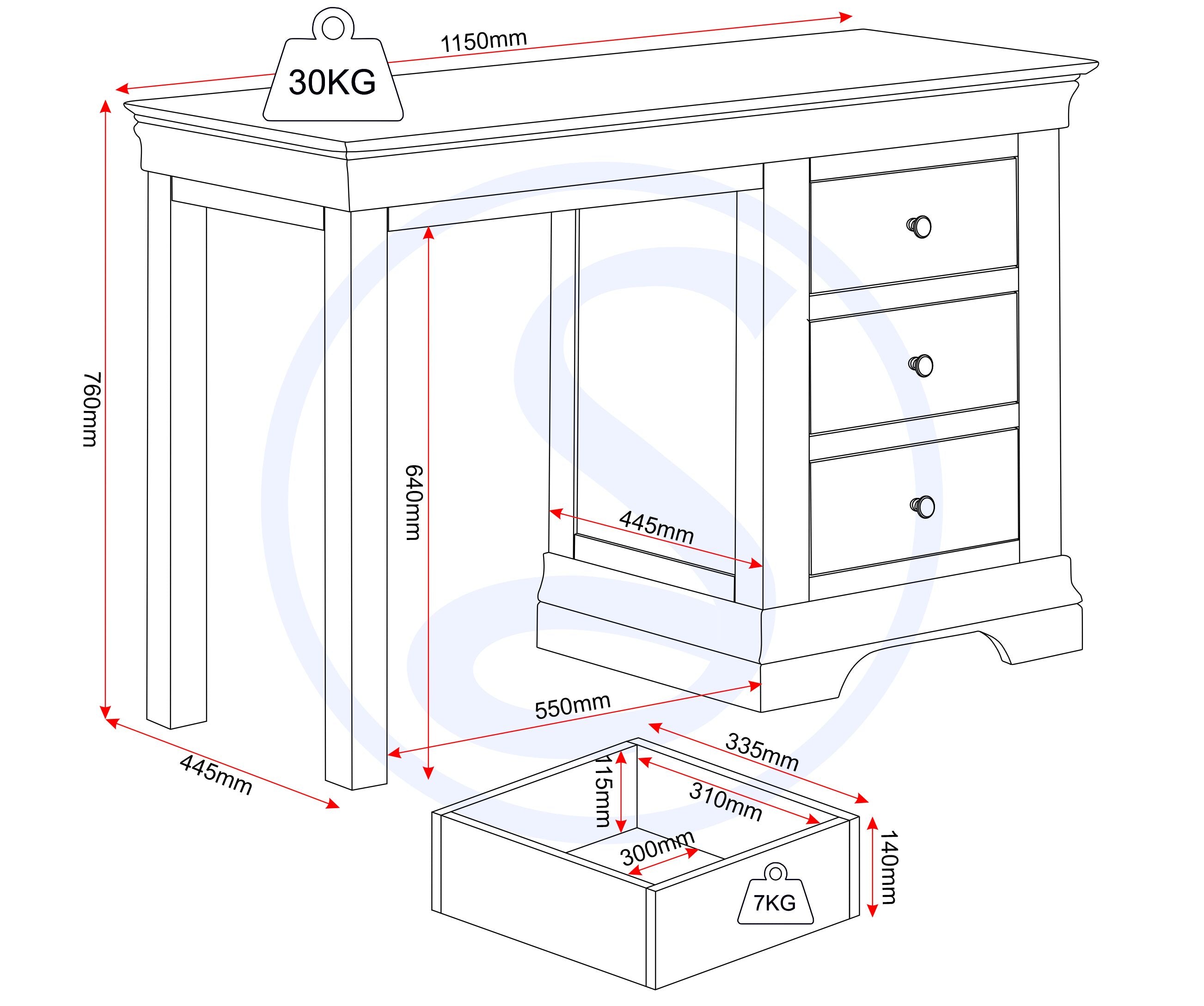 Bordeaux 3 Drawer Dressing Table Set - Ivory/Oat Fabric