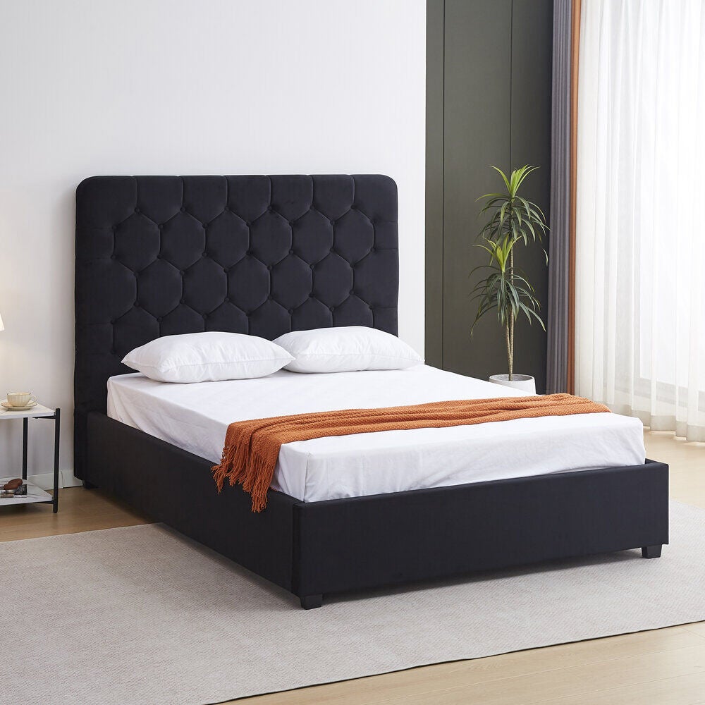 Madison 4'6" Ottoman Bed - Black Velvet Fabric