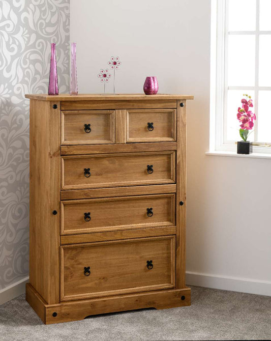 CORONA 3+2 DRAWER CHEST - DISTRESSED WAXED PINE