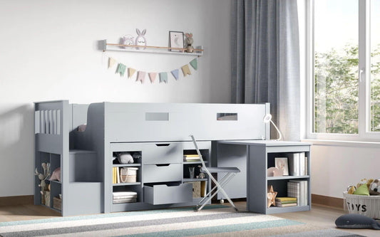 Grey Charlie Midsleeper Cabin Bunk Bed with Storage Steps and Desk - Complete Comfort Beds