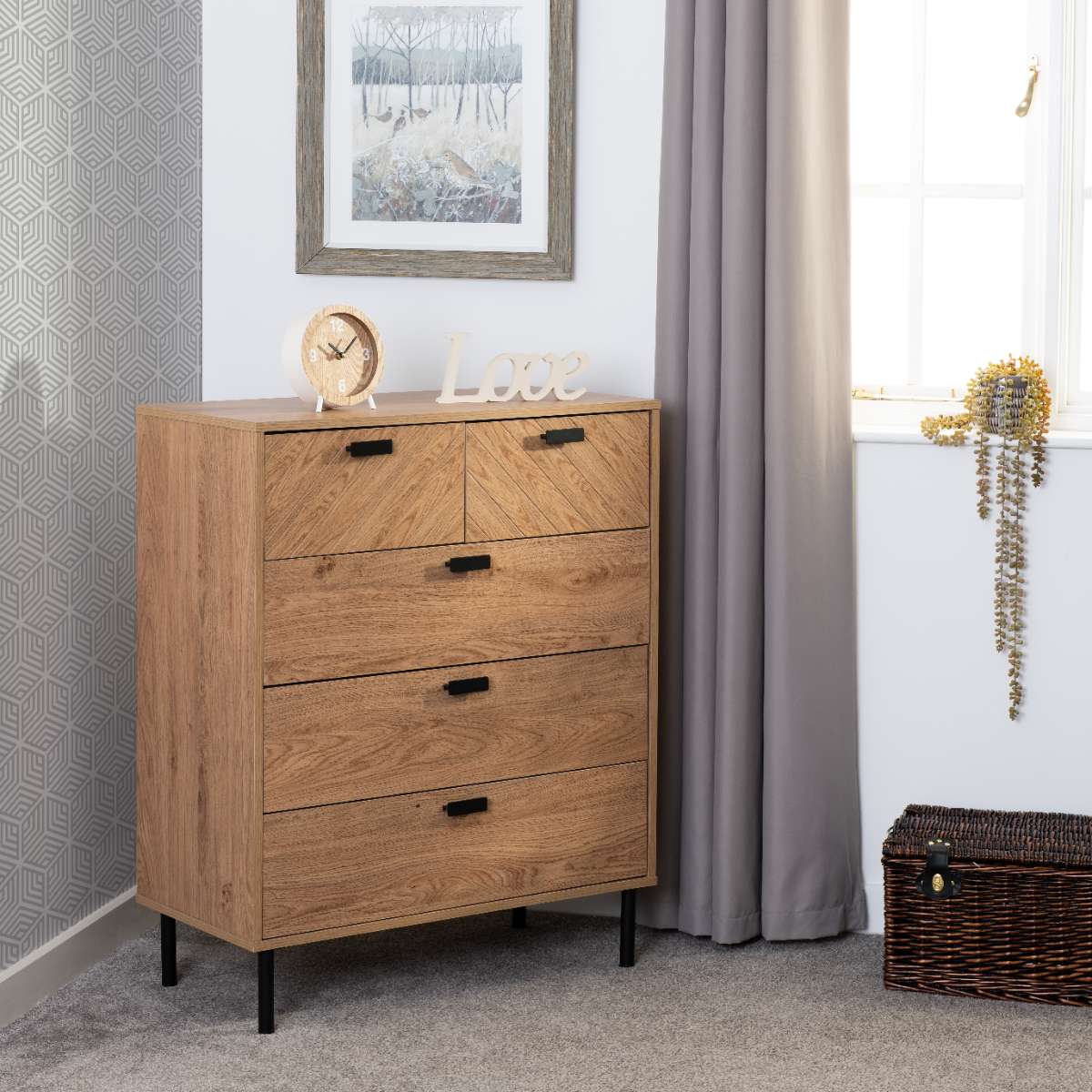 LEON 3+2 DRAWER CHEST - MEDIUM OAK EFFECT