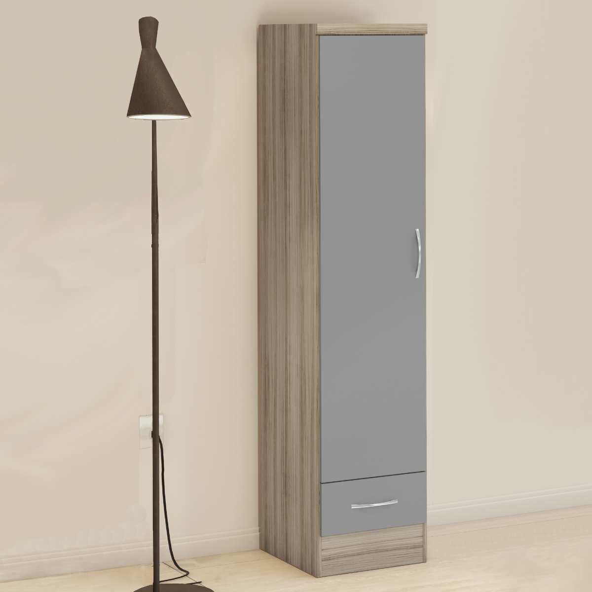 NEVADA 1 DOOR 1 DRAWER WARDROBE - GREY GLOSS/LIGHT OAK EFFECT VENEER
