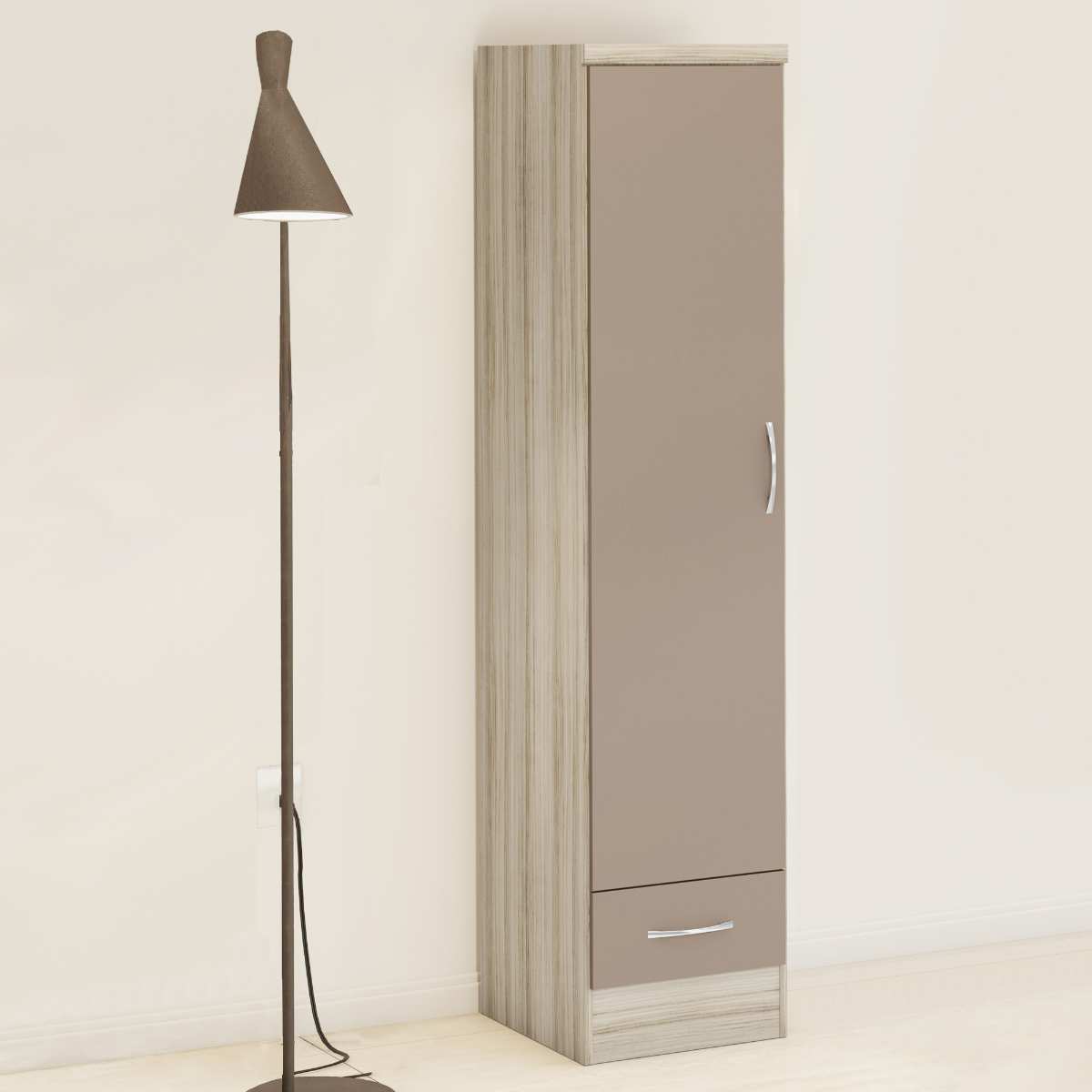 NEVADA 1 DOOR 1 DRAWER WARDROBE - OYSTER GLOSS/LIGHT OAK EFFECT VENEER