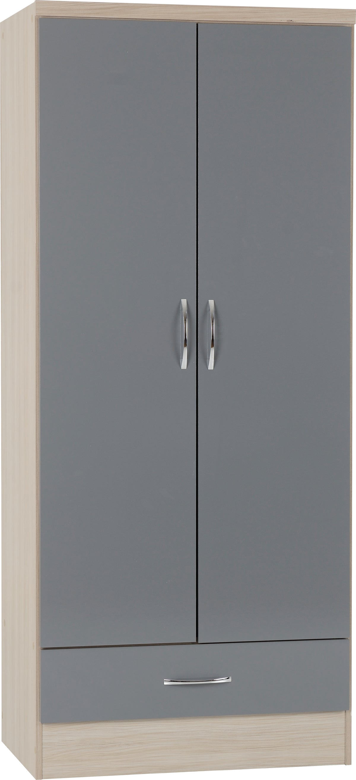 NEVADA 2 DOOR 1 DRAWER WARDROBE - GREY GLOSS/LIGHT OAK EFFECT VENEER