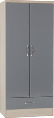 NEVADA 2 DOOR 1 DRAWER WARDROBE - GREY GLOSS/LIGHT OAK EFFECT VENEER
