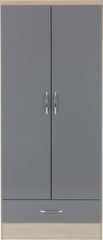 NEVADA 2 DOOR 1 DRAWER WARDROBE - GREY GLOSS/LIGHT OAK EFFECT VENEER