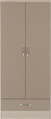 NEVADA 2 DOOR 1 DRAWER WARDROBE - OYSTER GLOSS/LIGHT OAK EFFECT VENEER