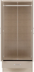 NEVADA 2 DOOR 1 DRAWER WARDROBE - OYSTER GLOSS/LIGHT OAK EFFECT VENEER