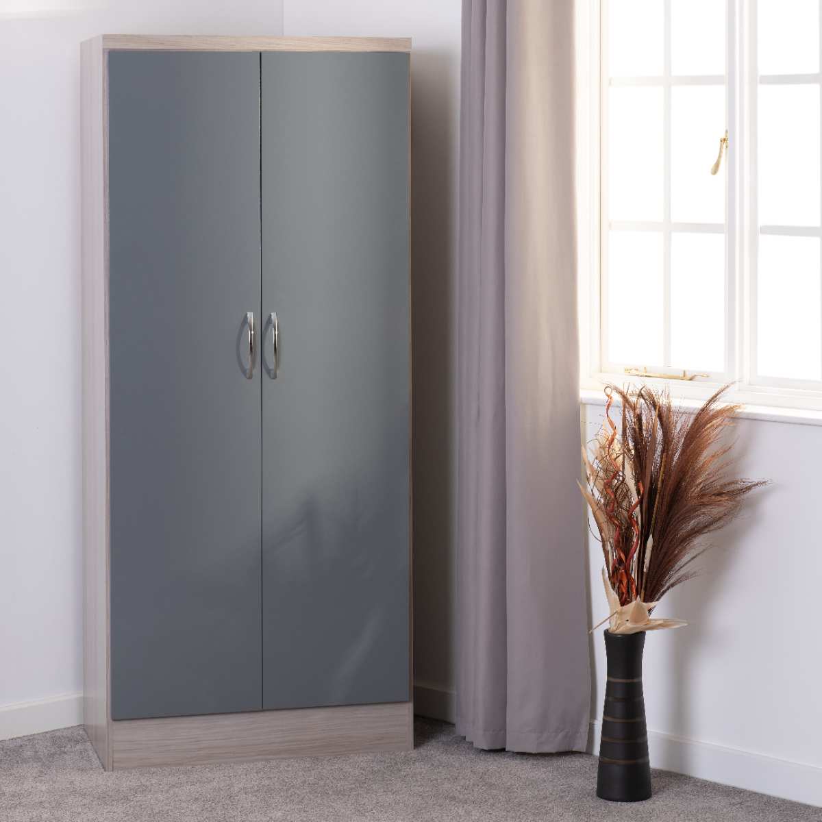 NEVADA 2 DOOR ALL HANGING WARDROBE - GREY GLOSS/LIGHT OAK EFFECT VENEER