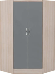 NEVADA 2 DOOR CORNER WARDROBE - GREY GLOSS/LIGHT OAK EFFECT VENEER