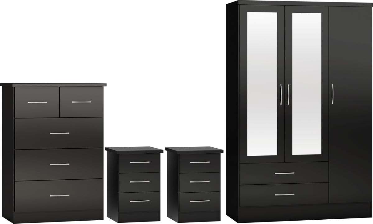 NEVADA 3 DOOR 2 DRAWER MIRRORED WARDROBE BEDROOM SET - BLACK GLOSS