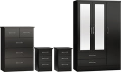NEVADA 3 DOOR 2 DRAWER MIRRORED WARDROBE BEDROOM SET - BLACK GLOSS