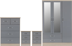 NEVADA 3 DOOR 2 DRAWER MIRRORED WARDROBE BEDROOM SET - GREY GLOSS/LIGHT OAK EFFECT VENEER