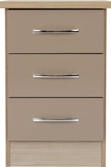 NEVADA 3 DRAWER BEDSIDE - OYSTER GLOSS/LIGHT OAK EFFECT VENEER