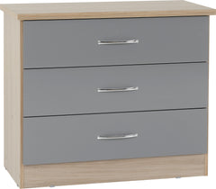 NEVADA 3 DRAWER CHEST - GREY GLOSS/LIGHT OAK EFFECT VENEER