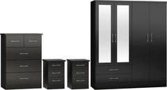 NEVADA 4 DOOR 2 DRAWER MIRRORED WARDROBE BEDROOM SET - BLACK GLOSS