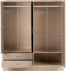 NEVADA 4 DOOR 2 DRAWER MIRRORED WARDROBE - OYSTER GLOSS/LIGHT OAK EFFECT VENEER