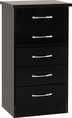 NEVADA 5 DRAWER NARROW CHEST - BLACK GLOSS