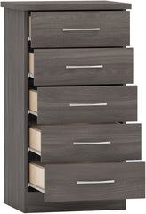 NEVADA 5 DRAWER NARROW CHEST - BLACK WOOD GRAIN