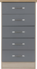 NEVADA 5 DRAWER NARROW CHEST - GREY GLOSS/LIGHT OAK EFFECT VENEER