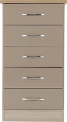 NEVADA 5 DRAWER NARROW CHEST - OYSTER GLOSS/LIGHT OAK EFFECT VENEER