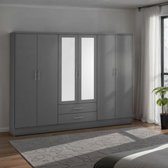 NEVADA 6 DOOR 2 DRAWER MIRRORED WARDROBE - 3D EFFECT GREY