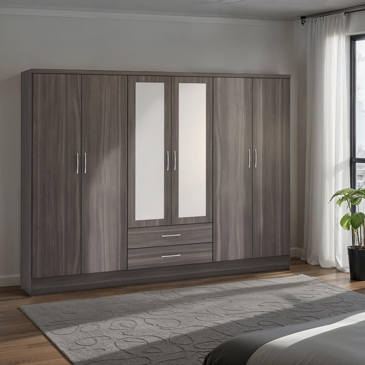 NEVADA 6 DOOR 2 DRAWER MIRRORED WARDROBE - BLACK WOOD GRAIN