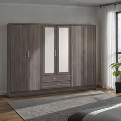 NEVADA 6 DOOR 2 DRAWER MIRRORED WARDROBE - BLACK WOOD GRAIN