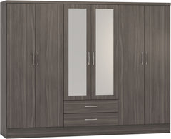 NEVADA 6 DOOR 2 DRAWER MIRRORED WARDROBE - BLACK WOOD GRAIN
