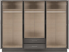 NEVADA 6 DOOR 2 DRAWER MIRRORED WARDROBE - BLACK WOOD GRAIN