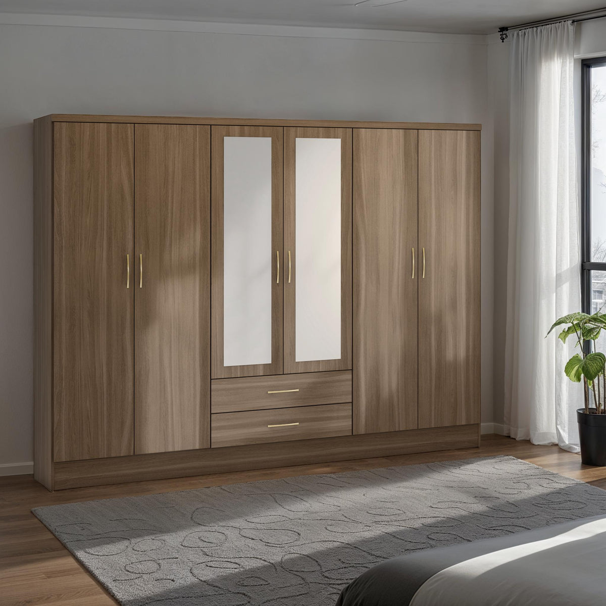 NEVADA 6 DOOR 2 DRAWER MIRRORED WARDROBE - RUSTIC OAK EFFECT