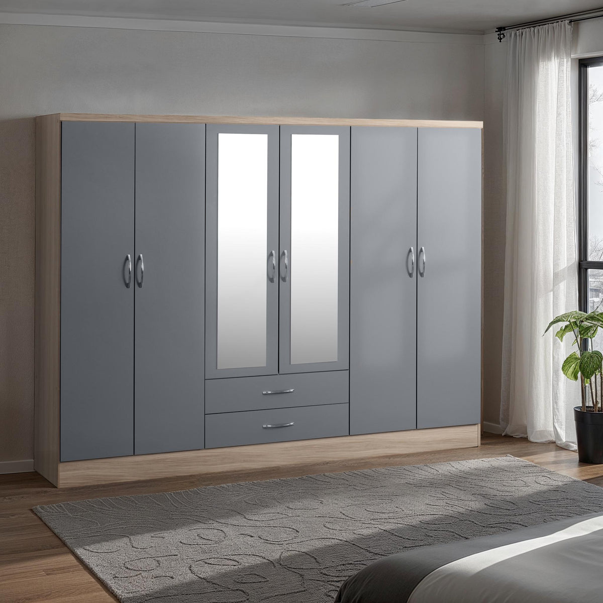 NEVADA 6 DOOR 2 DRAWER MIRRORED WARDROBE - GREY GLOSS/LIGHT OAK EFFECT VENEER
