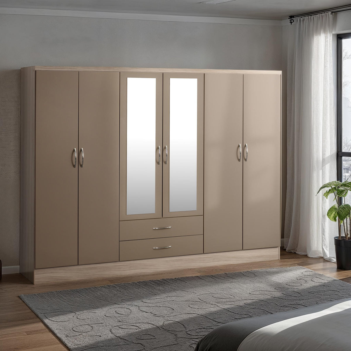 NEVADA 6 DOOR 2 DRAWER MIRRORED WARDROBE - OYSTER GLOSS/LIGHT OAK EFFECT VENEER