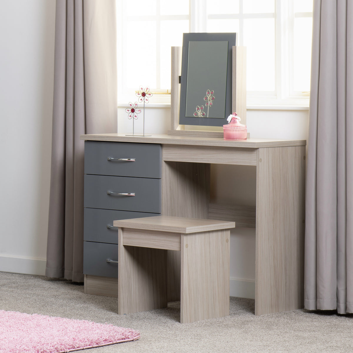NEVADA 4 DRAWER DRESSING TABLE SET - GREY GLOSS/LIGHT OAK EFFECT VENEER